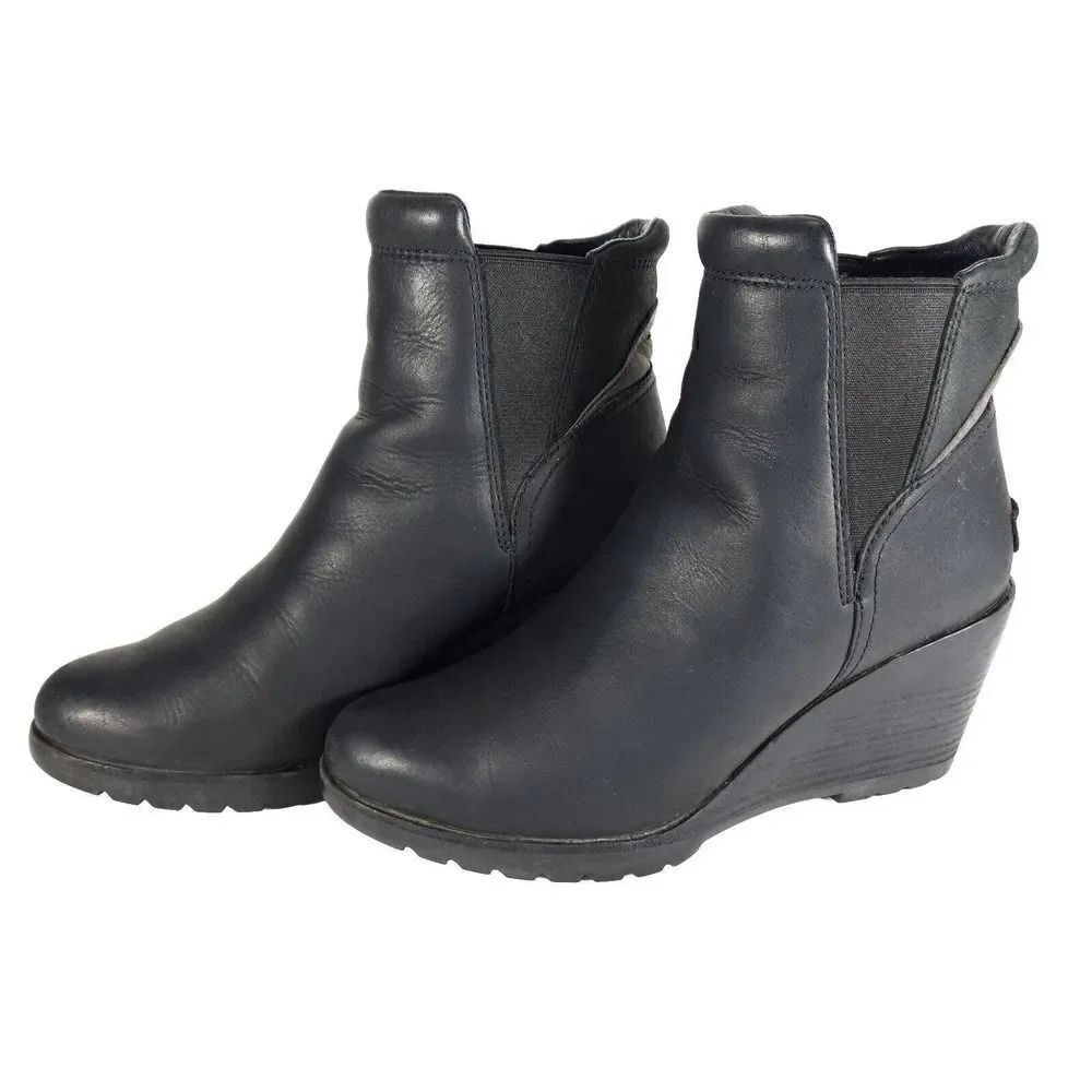 Sorel Women's After Hours US 9 Black Leather Wedge Ankle Chelsea Boots